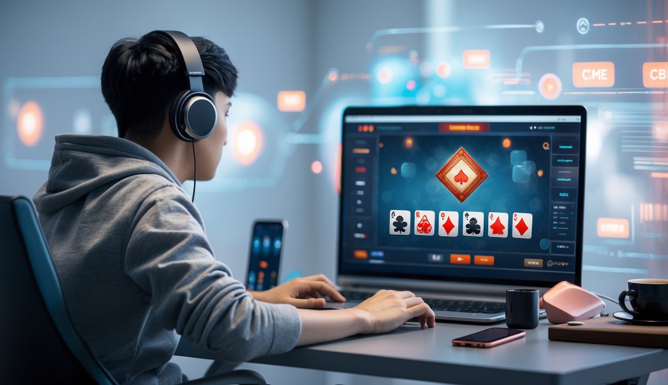Seorang pemain muda duduk di depan laptop dengan tampilan permainan kartu digital, dikelilingi perangkat teknologi di ruangan yang terang.