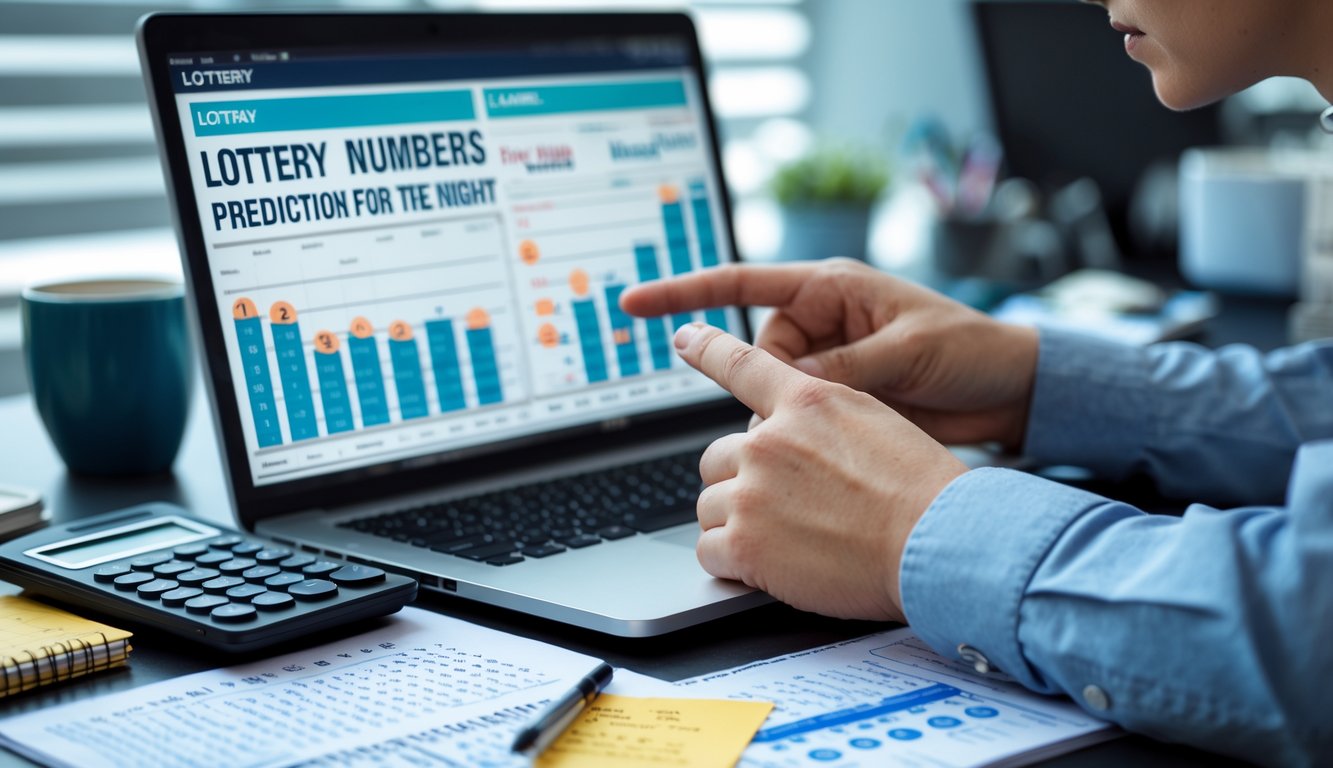 Seorang sedang menganalisis data prediksi angka togel malam hari di meja kerja dengan laptop dan catatan.