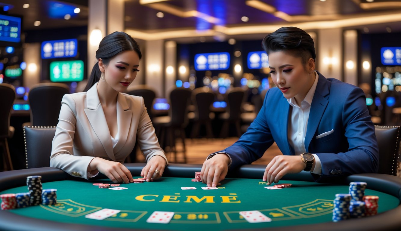 Dua orang sedang bermain kartu Ceme di meja hijau di dalam ruangan kasino modern dengan suasana serius dan fokus.