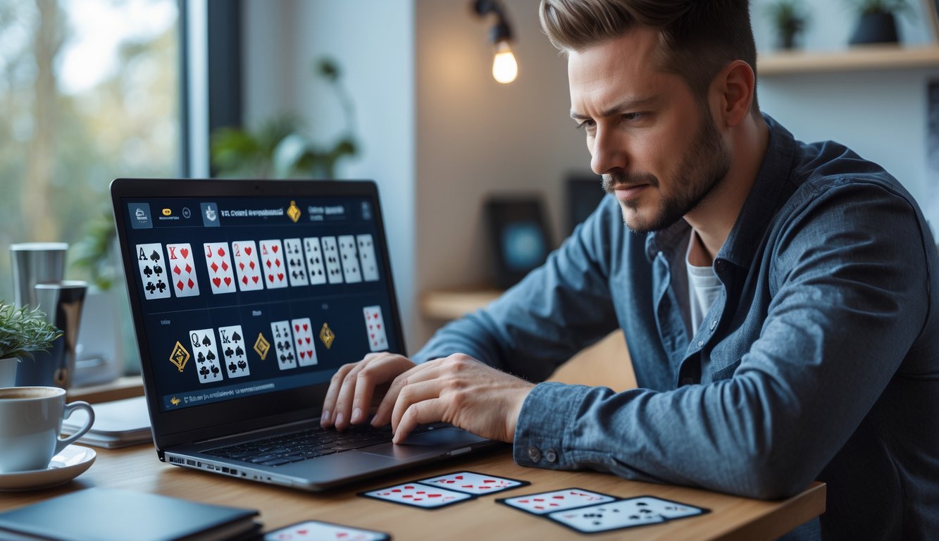 Seorang pria fokus bermain kartu online di depan laptop di ruang kerja yang rapi dan terang.