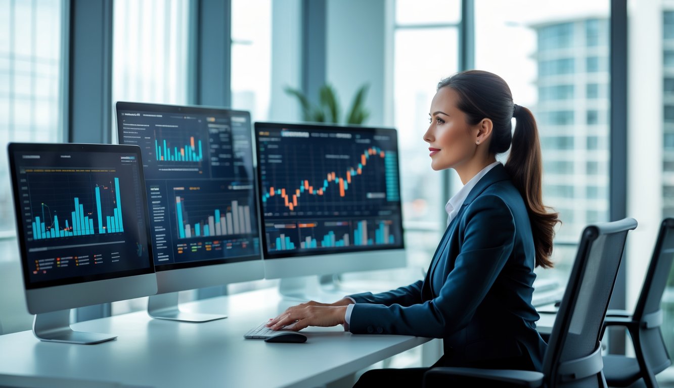 Seorang wanita bisnis duduk di meja kantor modern sambil menganalisis data di layar komputer.