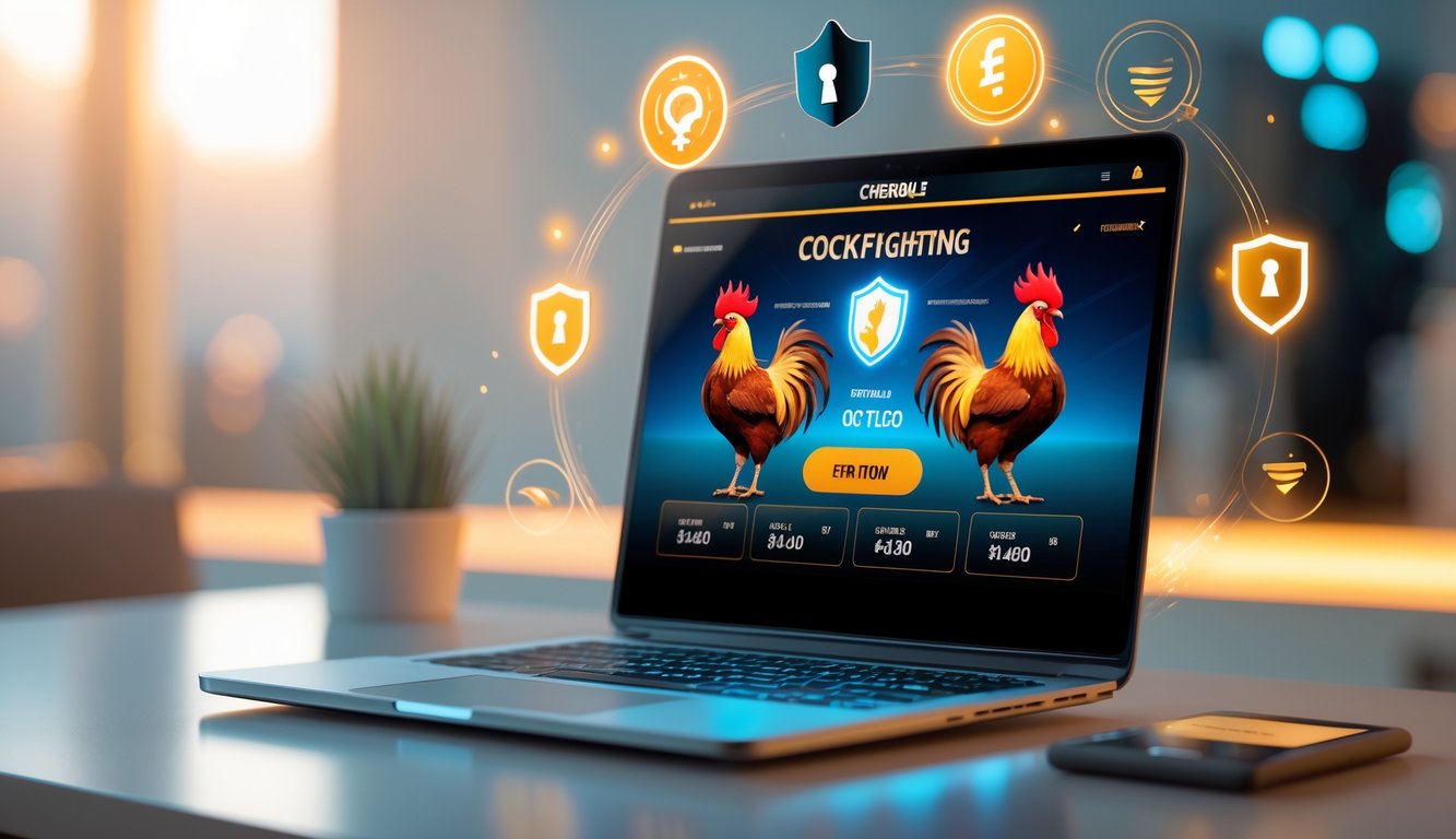 Seorang pengguna menggunakan komputer dengan layar menampilkan ikon ayam jago dan elemen keamanan di meja kerja.