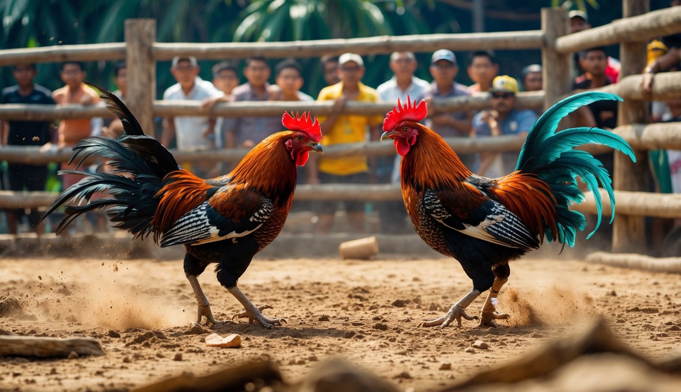 Dua ayam jago sedang bertarung di arena terbuka dengan penonton yang memperhatikan di latar belakang.