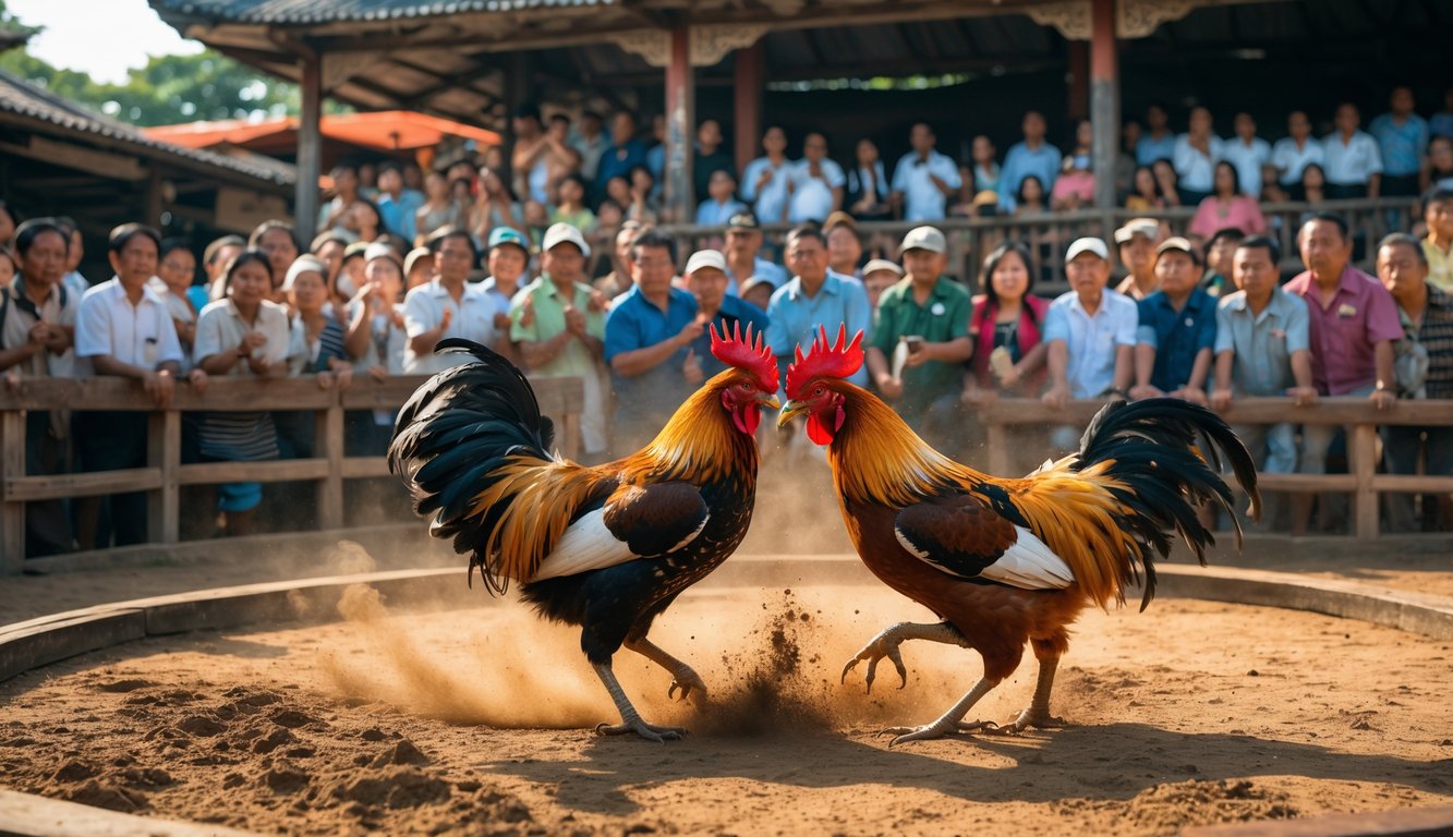 Suasana pertandingan sabung ayam resmi dengan dua ayam jantan sedang bertarung di arena, dikelilingi oleh penonton yang antusias.