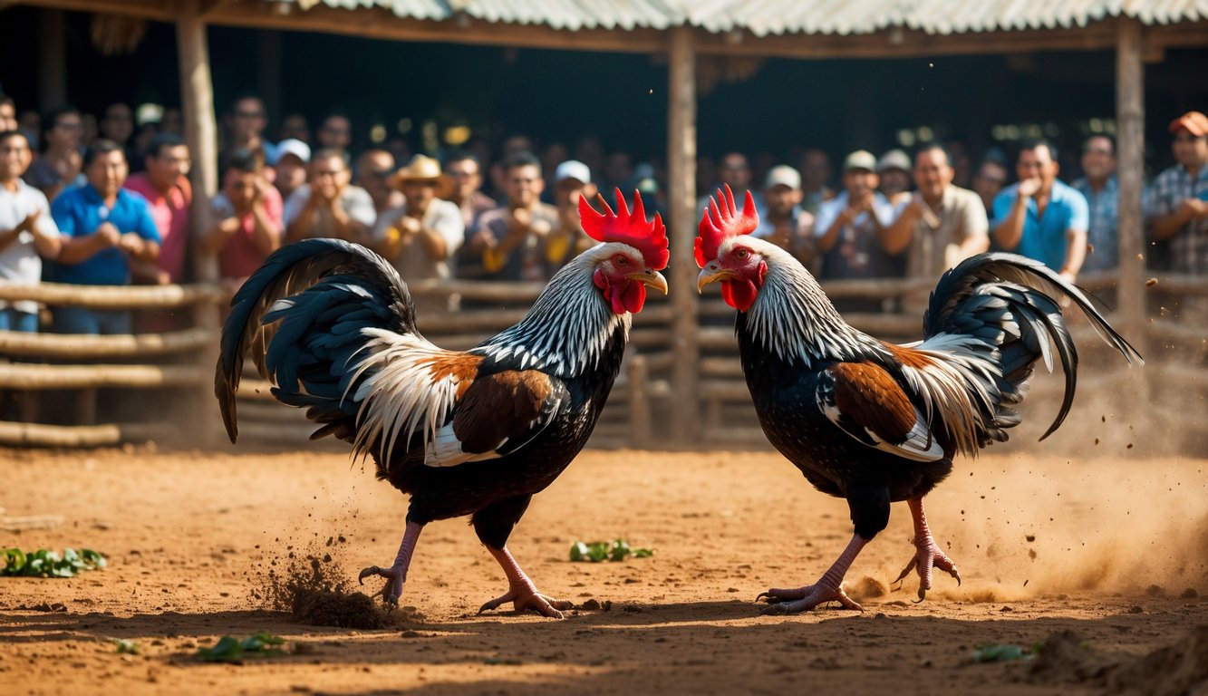 Dua ayam jago sedang bertarung di arena dengan penonton yang antusias mengelilingi mereka.