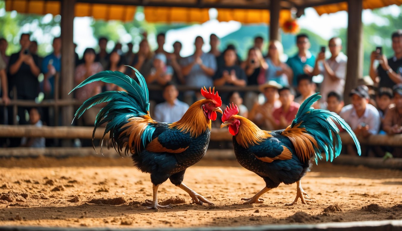 Dua ayam jago sedang bertarung di arena dengan kerumunan orang yang menonton di luar ruangan.