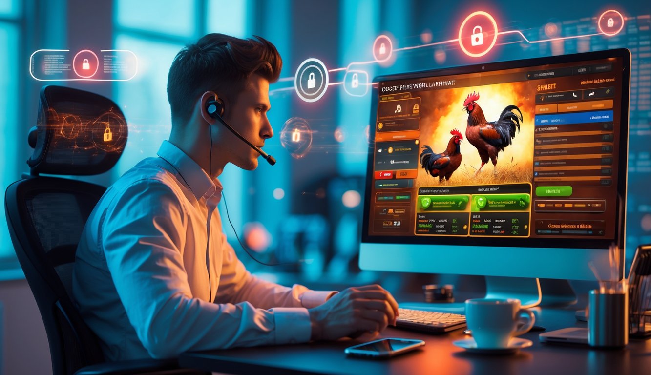 Seorang pria muda duduk di depan komputer dengan tampilan antarmuka pertandingan sabung ayam online yang aman dan cepat.