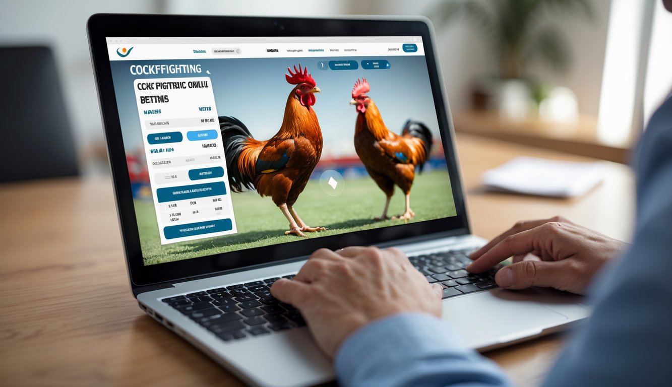 Seorang pengguna sedang menggunakan laptop dengan tampilan platform sabung ayam online yang terpercaya di meja kerja bersih.