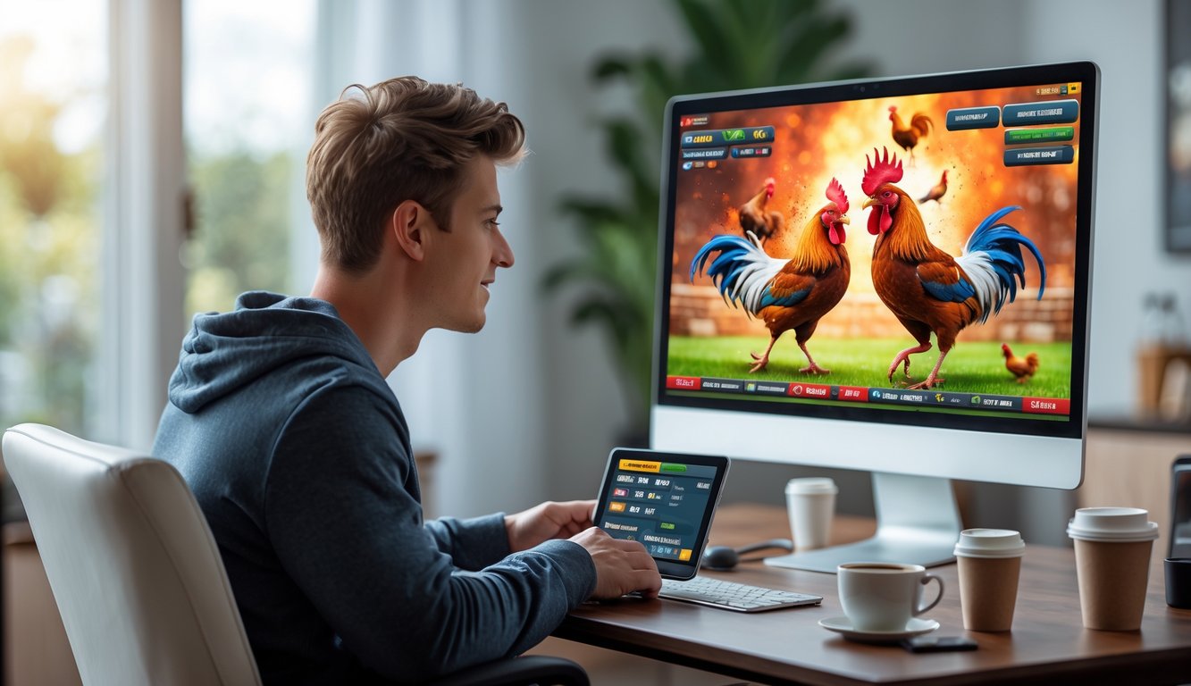 Seorang pria muda duduk di depan komputer menonton pertandingan sabung ayam virtual di ruangan yang nyaman dan terang.