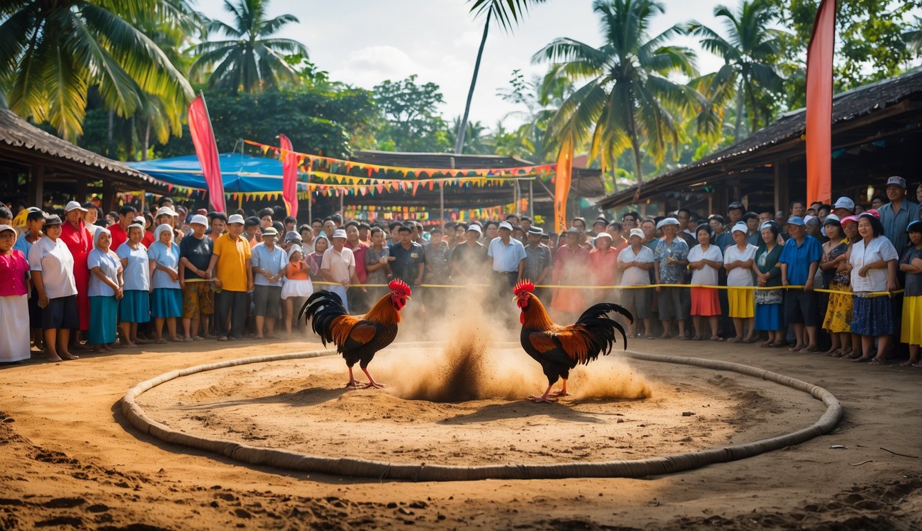 Arena sabung ayam tradisional di luar ruangan dengan dua ayam bertarung dan penonton yang antusias mengelilingi ring.