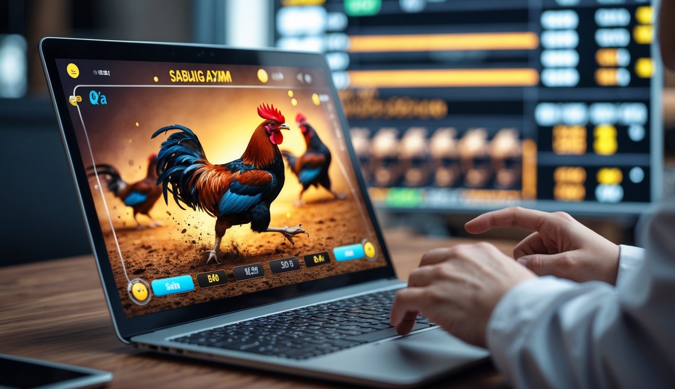 Seorang pria menggunakan laptop yang menampilkan pertandingan sabung ayam online dengan dua ayam jago sedang bertarung.