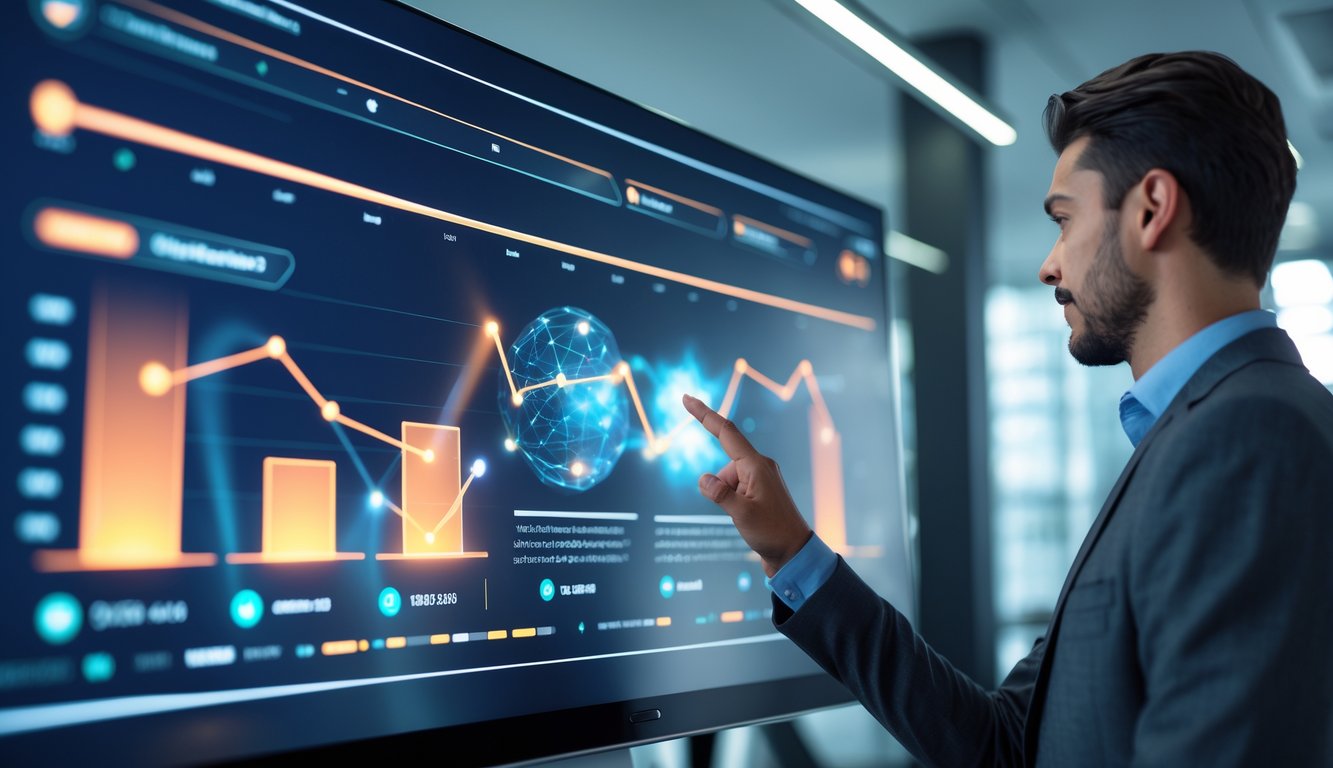Seorang profesional menggunakan layar sentuh komputer di kantor modern dengan grafik digital yang menunjukkan data permainan online.