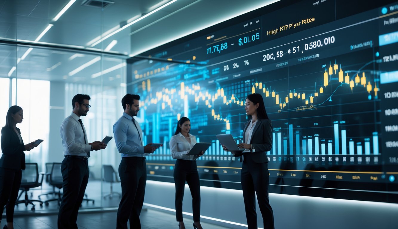 Sekelompok profesional sedang menganalisis data real-time di kantor modern dengan layar digital besar menampilkan grafik dan angka.