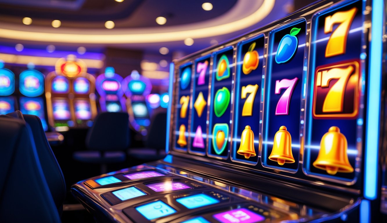 Tampilan mesin slot digital berwarna-warni dengan simbol kemenangan di latar belakang kasino yang samar.