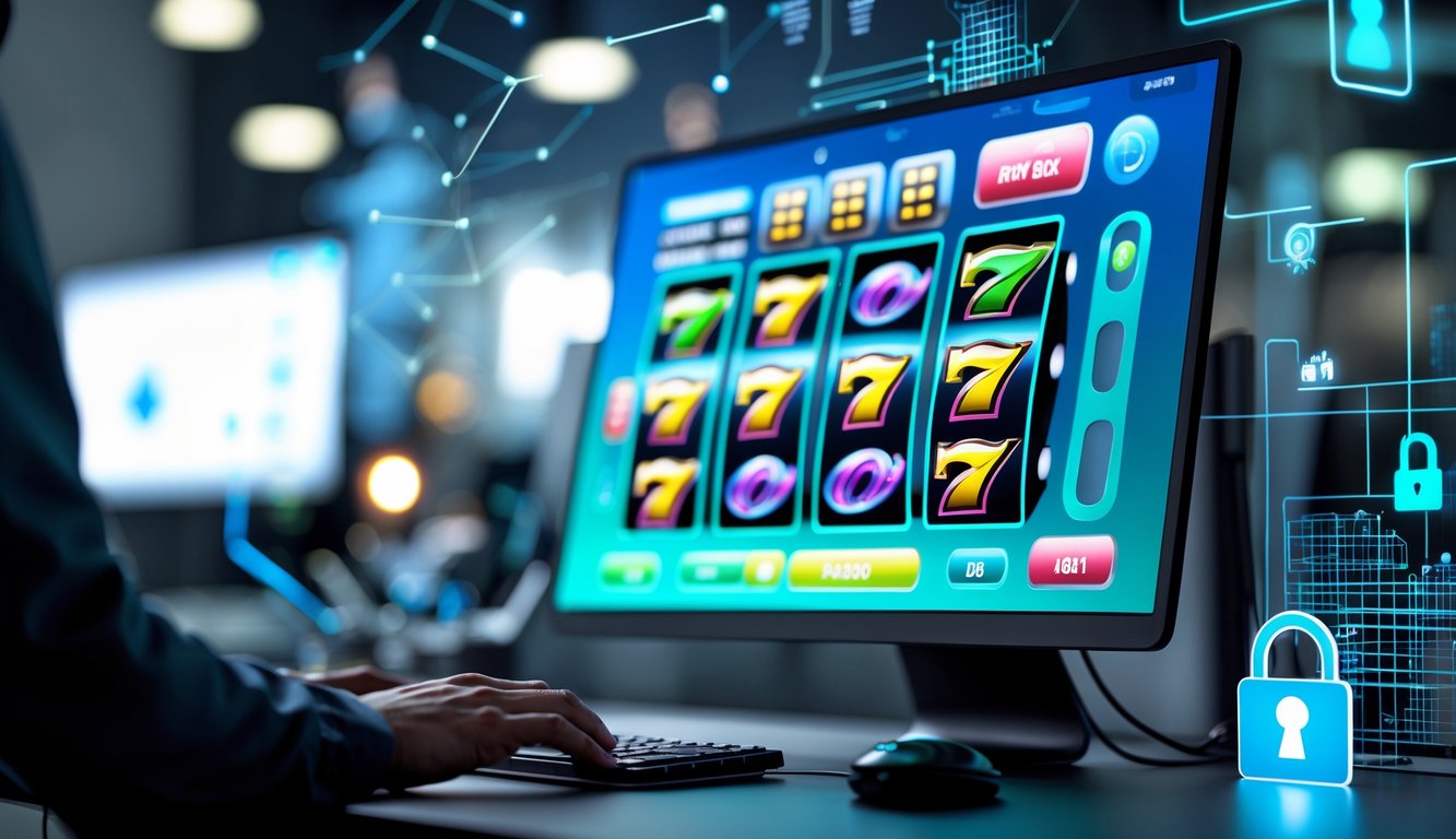 Suasana ruang kerja modern dengan layar komputer menampilkan permainan slot online yang berwarna-warni.