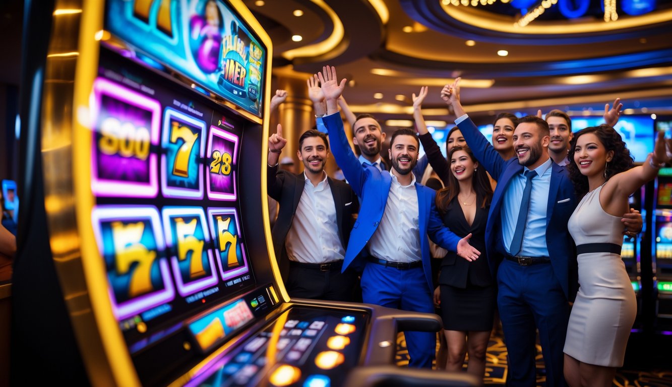 Orang-orang bahagia merayakan kemenangan jackpot besar di kasino dengan mesin slot berwarna cerah dan lampu menyala.