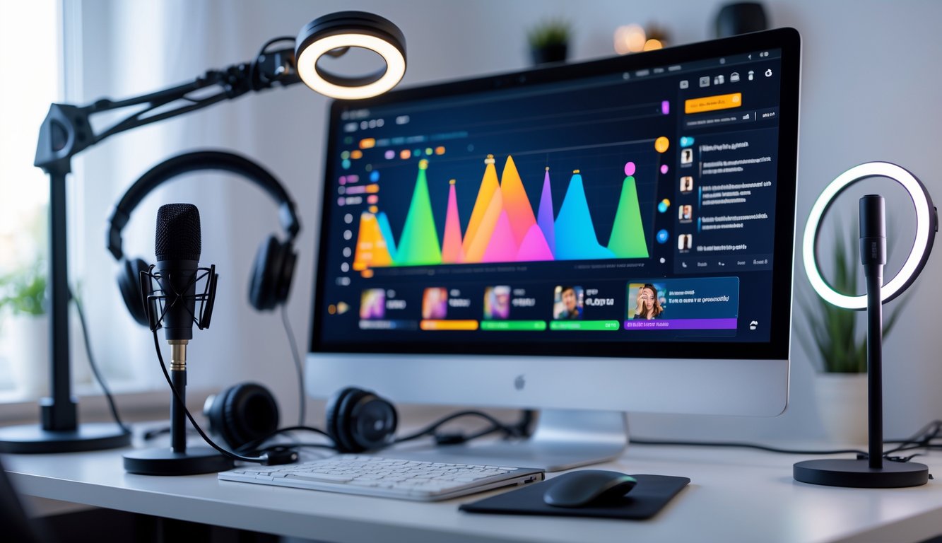 Sebuah setup streaming online modern dengan komputer, mikrofon, dan peralatan studio di ruang kerja yang terang.