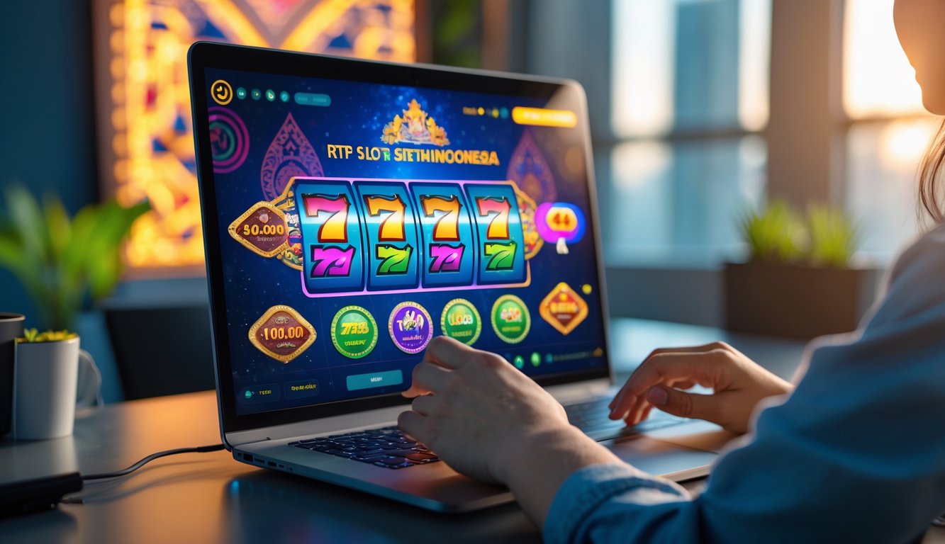 Seseorang sedang menggunakan komputer dengan tampilan permainan slot online yang berwarna-warni dan latar belakang yang menampilkan motif budaya Indonesia.