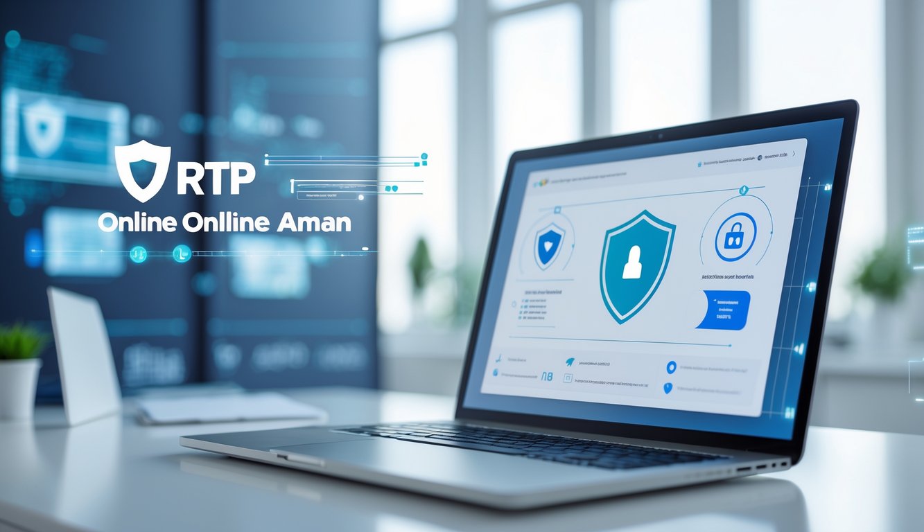 Seorang pengguna bekerja dengan laptop yang menampilkan antarmuka platform online aman di meja kerja yang rapi.