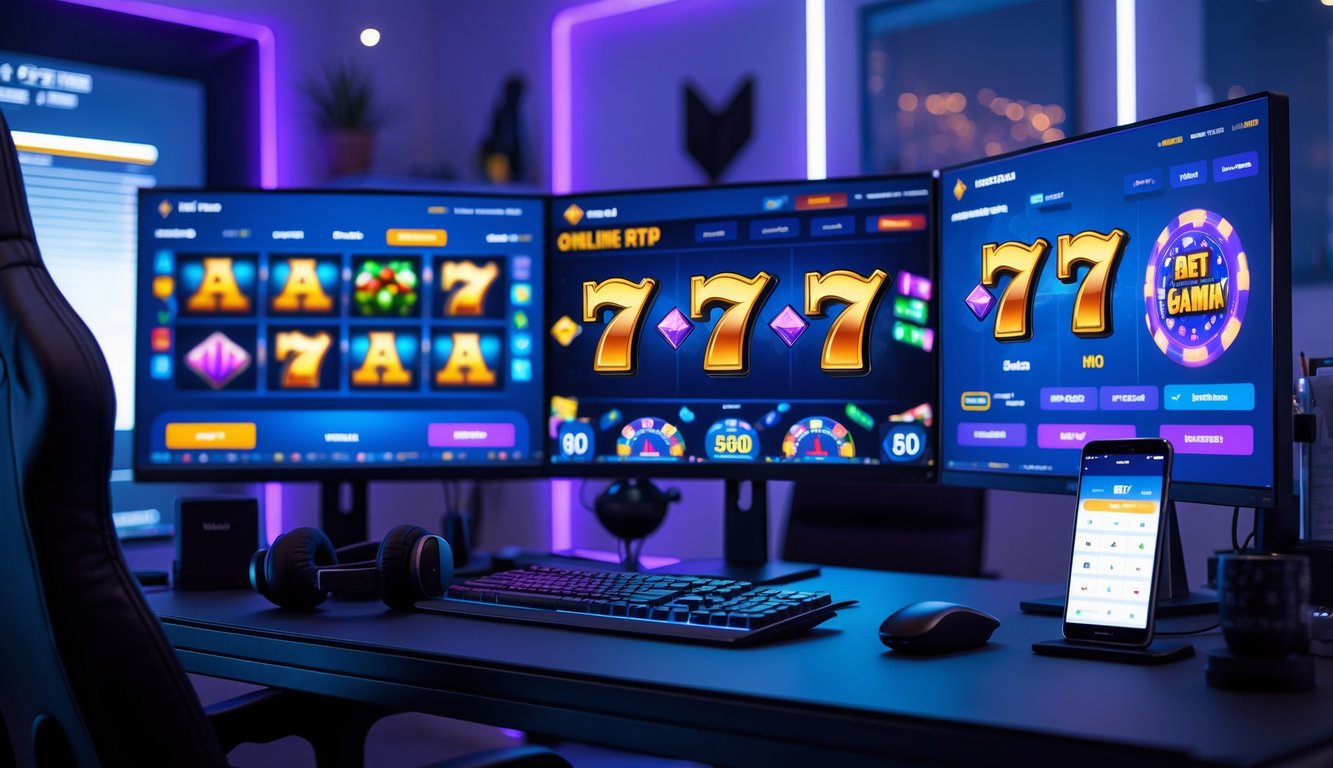 Sebuah meja kerja modern dengan komputer dan beberapa layar menampilkan permainan slot online dan grafik terkait, di ruangan dengan pencahayaan biru dan ungu yang futuristik.