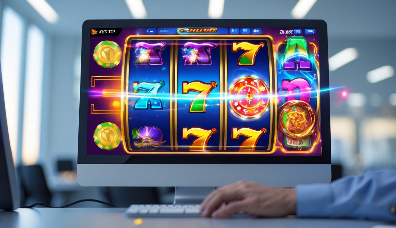 Tampilan layar komputer dengan permainan mesin slot online berwarna cerah di sebuah kantor yang terang.