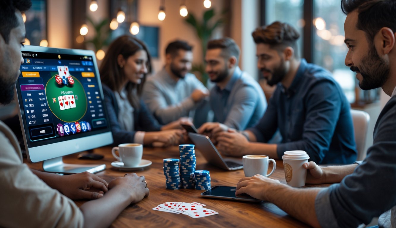 Beberapa orang sedang bermain poker online dengan uang asli di meja kayu, menggunakan komputer dan perangkat digital dalam ruangan yang nyaman.