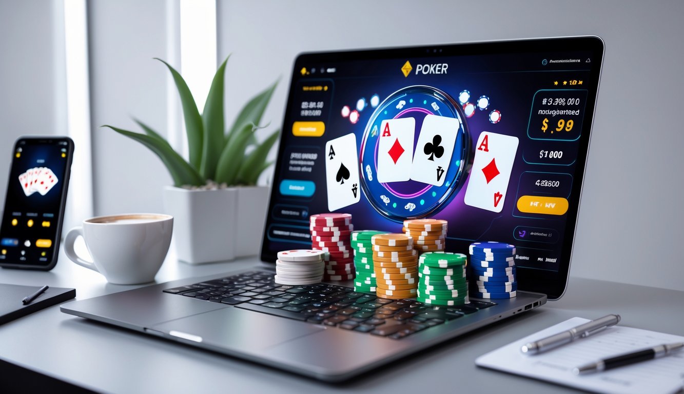 Sebuah meja kerja dengan komputer menampilkan permainan poker online, tumpukan chip poker, kartu bermain, dan ponsel yang menunjukkan aplikasi poker.