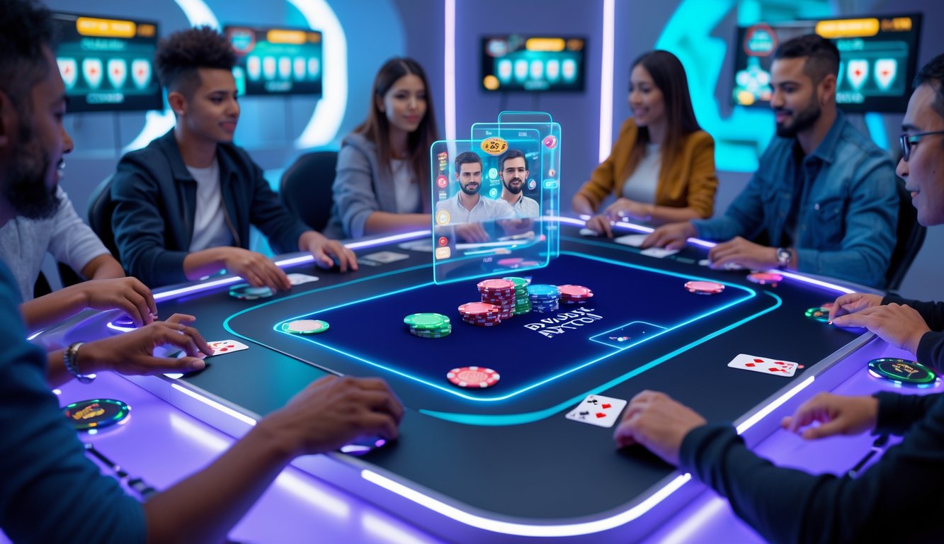 Beberapa orang bermain poker online di meja digital futuristik dengan chip dan kartu holografik di ruangan permainan berteknologi tinggi.