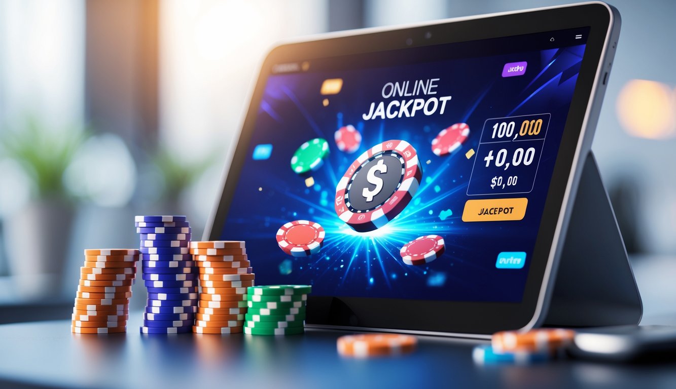 Layar komputer menampilkan permainan poker online dengan chip poker berwarna-warni dan kartu bermain, menunjukkan suasana kemenangan jackpot tinggi.