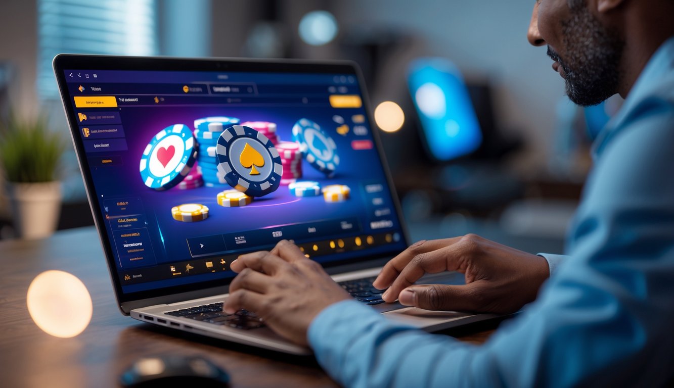 Seorang pemain dewasa menggunakan komputer untuk bermain poker online di ruang kerja yang nyaman dan terang.