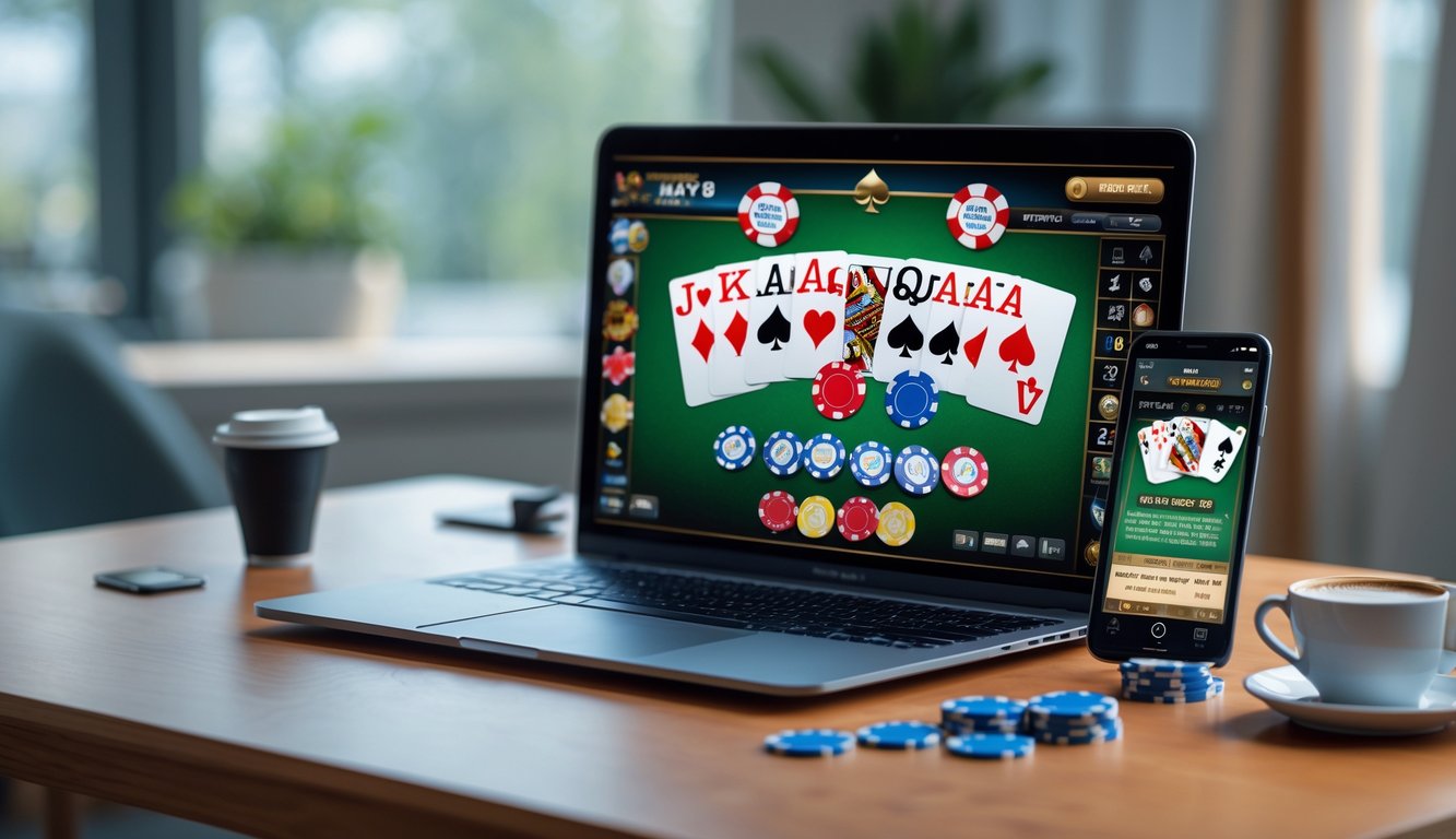 Sebuah laptop dan ponsel menampilkan permainan poker online di atas meja kayu dengan beberapa chip poker dan secangkir kopi di sampingnya.