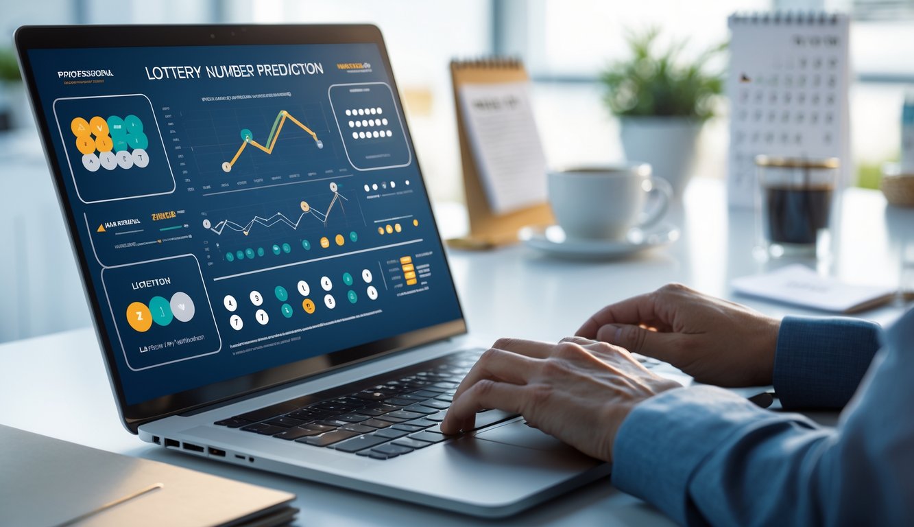 Sebuah ruang kerja modern dengan laptop yang menampilkan grafik dan tabel prediksi angka togel, tangan seseorang sedang menggunakan keyboard dan mouse di meja kerja yang rapi.