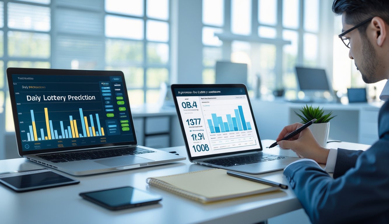 Seorang profesional sedang menganalisis data di meja kerja dengan laptop dan tablet di kantor yang terang dan rapi.