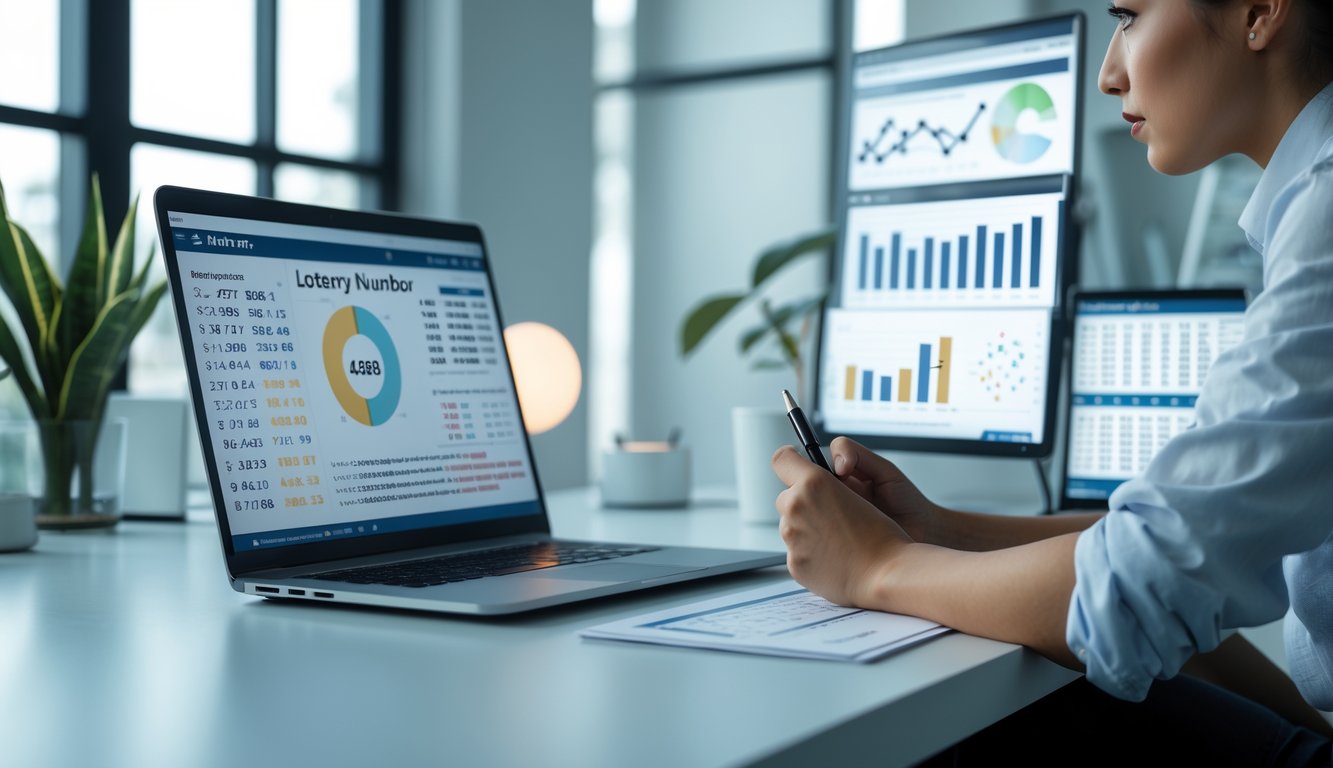 Seorang profesional sedang menganalisis data angka togel di meja kerja dengan laptop dan grafik di layar.