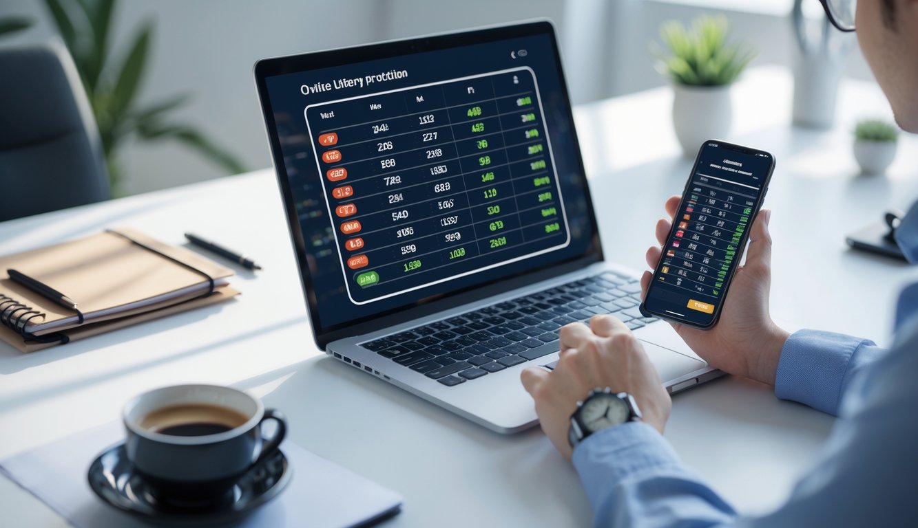 Seseorang sedang menggunakan laptop dan ponsel di meja kerja untuk melihat prediksi togel 4D online.