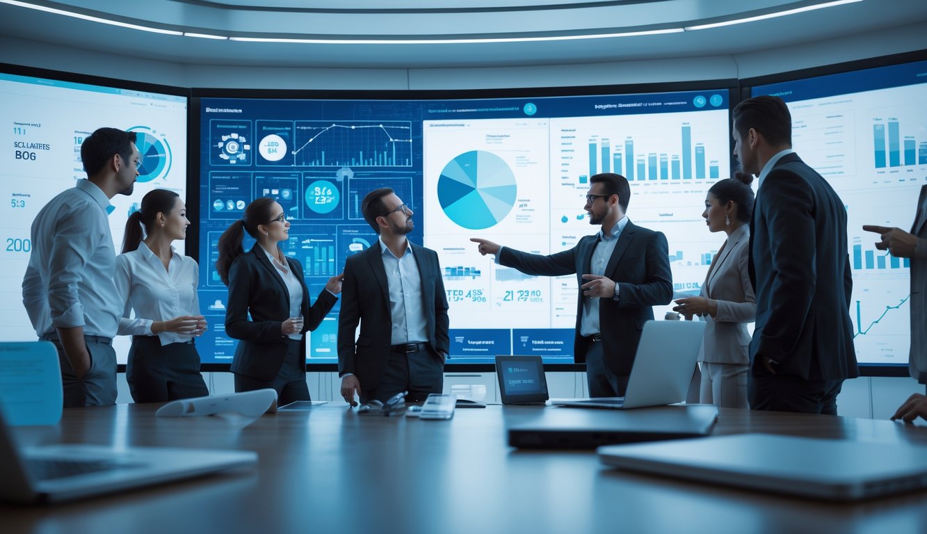 Sekelompok profesional bisnis sedang berdiskusi di depan layar digital dengan grafik dan data angka dalam ruang kantor modern.