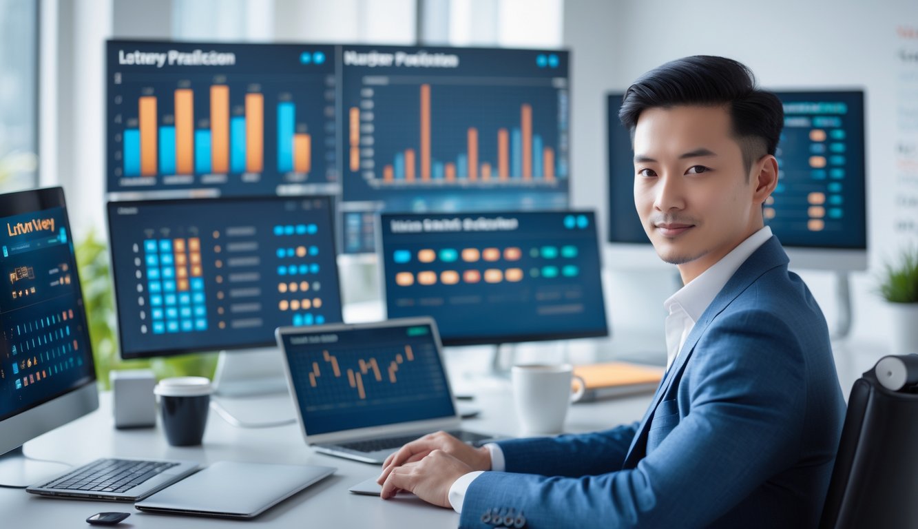 Seorang profesional sedang bekerja di meja dengan beberapa layar digital yang menampilkan grafik dan angka prediksi.