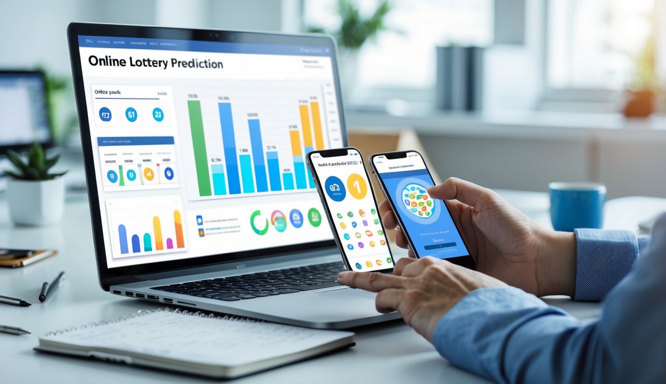 Seorang profesional sedang menganalisis data togel online di ruang kerja modern dengan laptop dan ponsel.