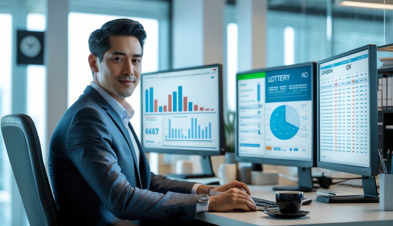 Seorang profesional sedang bekerja di meja dengan beberapa monitor yang menampilkan grafik dan data angka prediksi togel.
