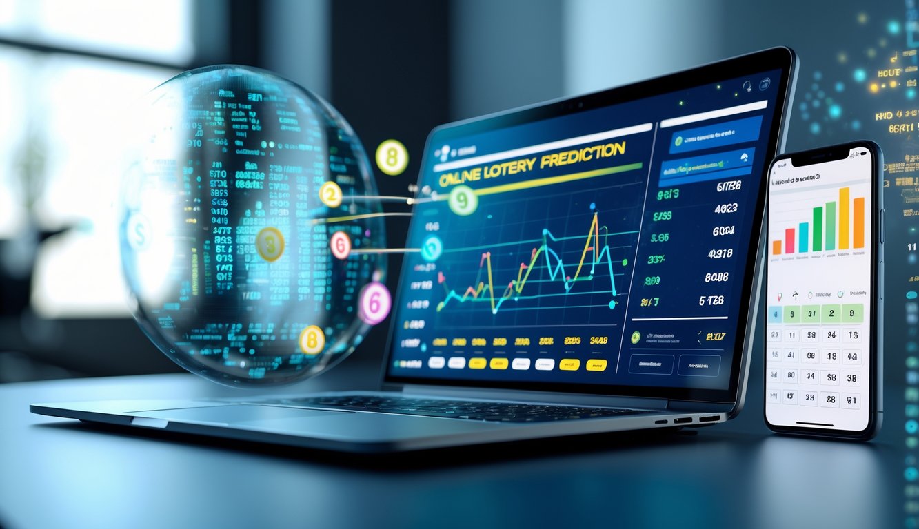 Seorang pria duduk di depan laptop dan ponsel yang menampilkan grafik dan angka prediksi togel online tahun 2025 di ruang kerja modern.