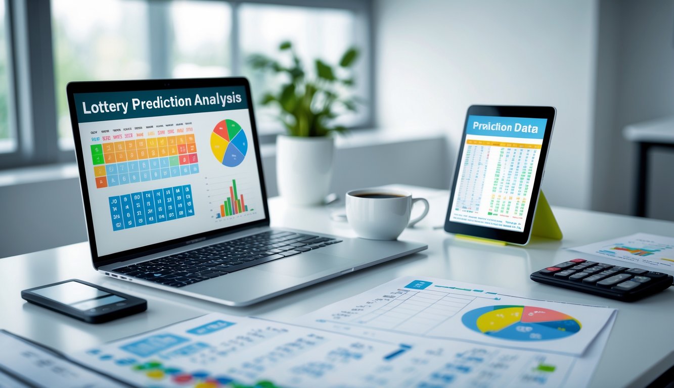 Sebuah ruang kerja modern dengan laptop dan tablet yang menampilkan grafik dan data angka, serta kertas dan kalkulator di atas meja.