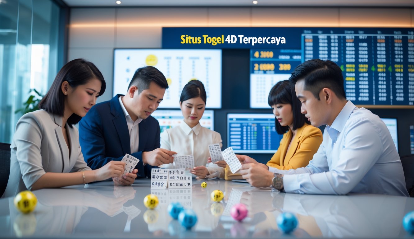 Orang-orang sedang memeriksa tiket lotre di kantor modern dengan layar digital menampilkan angka dan statistik.