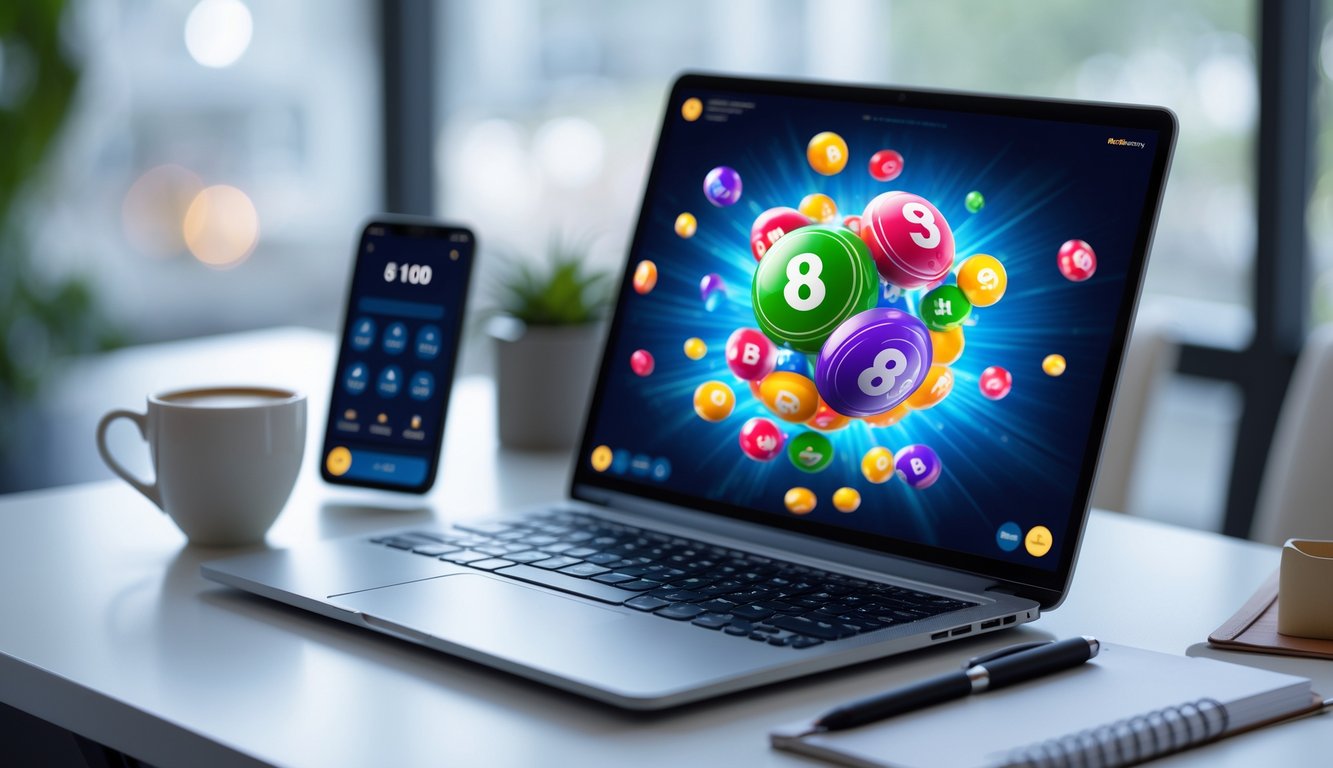 Seorang pria duduk di meja dengan laptop yang menampilkan layar permainan togel 3D online, dikelilingi oleh smartphone dan alat tulis.