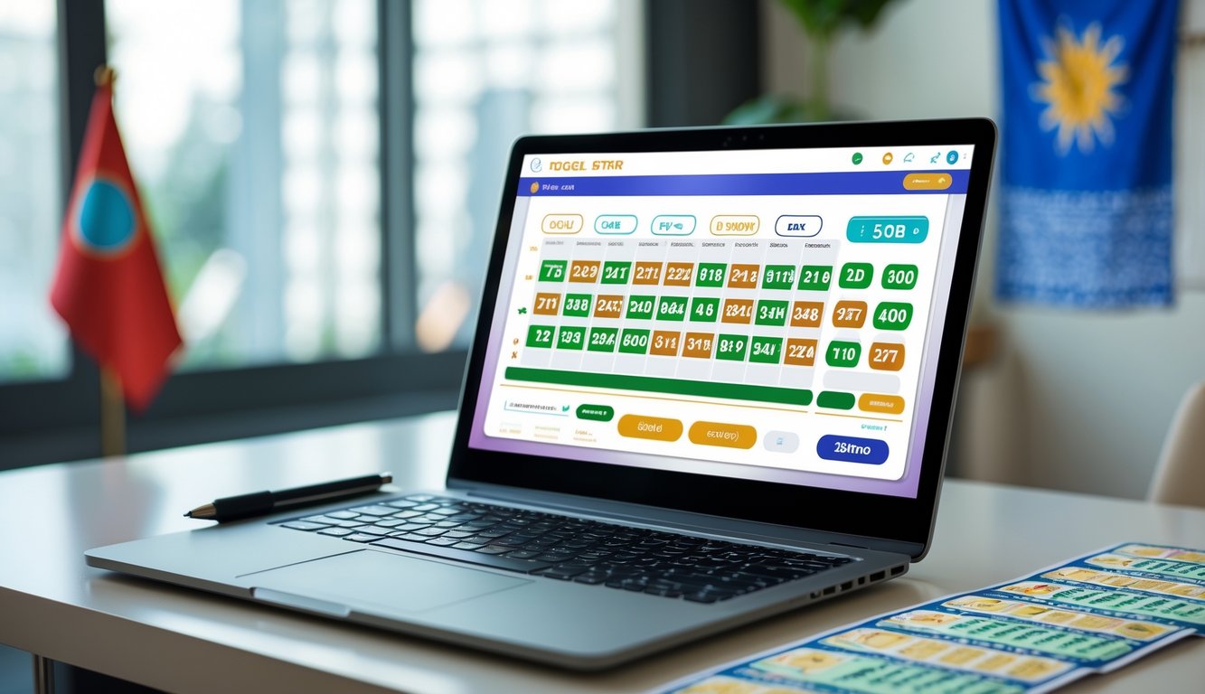 Meja kerja dengan laptop yang menampilkan antarmuka lotere digital dan tiket lotere, dengan hiasan kecil bergaya Indonesia di latar belakang.
