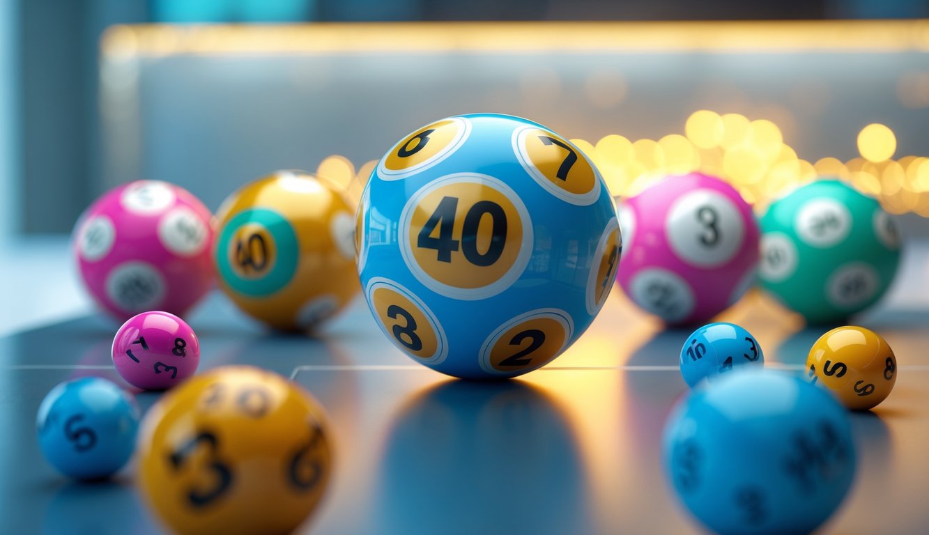 Beberapa bola lotere berwarna-warni dengan angka terlihat jelas di atas permukaan modern dengan cahaya keemasan di latar belakang.