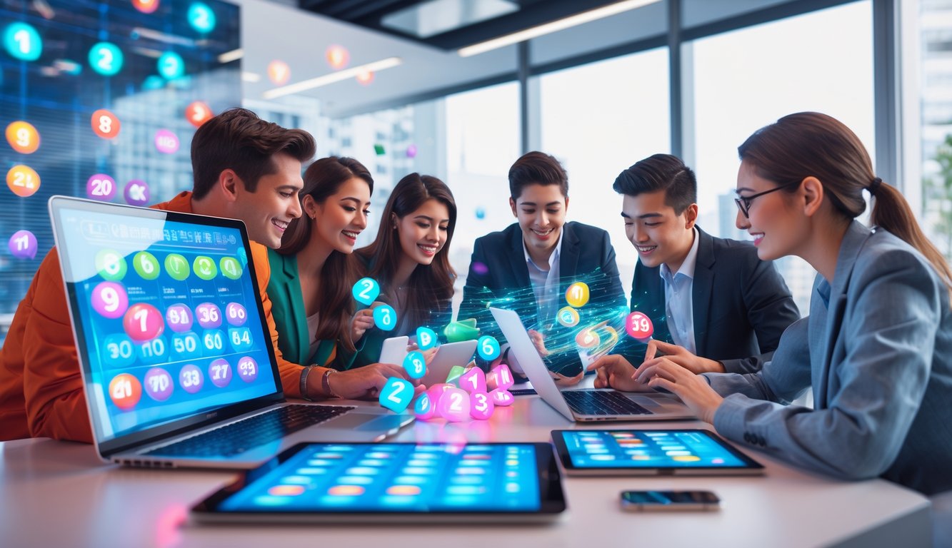 Sekelompok orang muda menggunakan perangkat digital di kantor modern dengan tampilan grafik lotere 3D yang berwarna-warni.