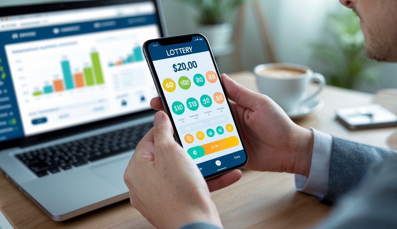 Seseorang memegang ponsel dengan aplikasi taruhan togel, di meja terdapat laptop dan cangkir kopi.