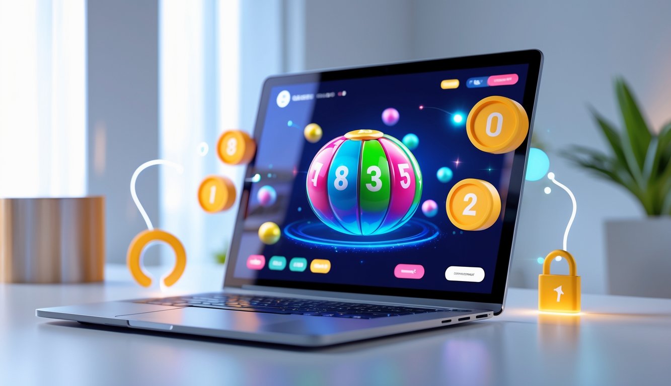 Tampilan komputer dengan antarmuka permainan lotre 3D online yang modern dan aman.