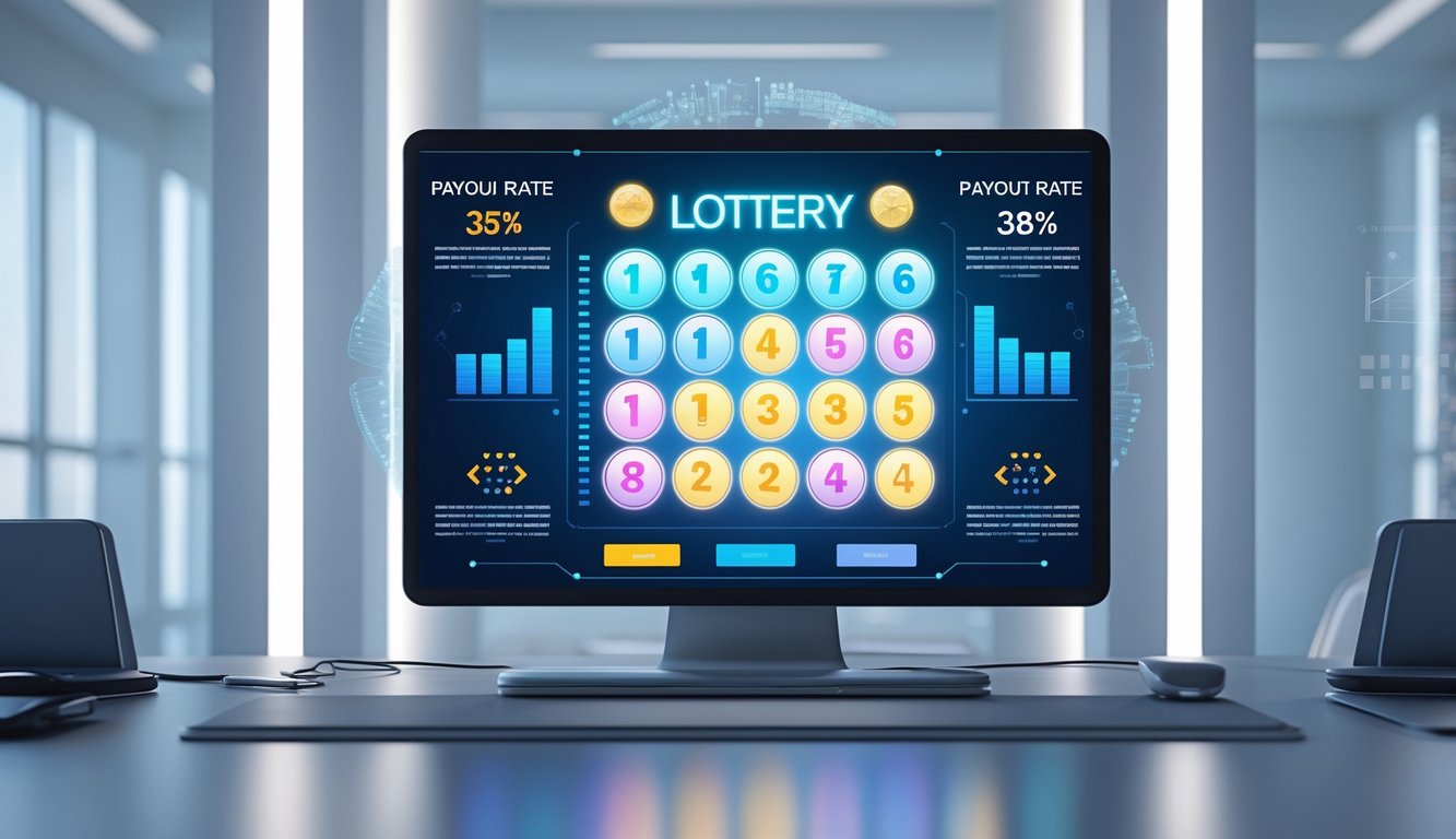 Layar komputer modern yang menampilkan angka lotere dan grafik pembayaran tinggi di lingkungan kantor yang bersih dan profesional.