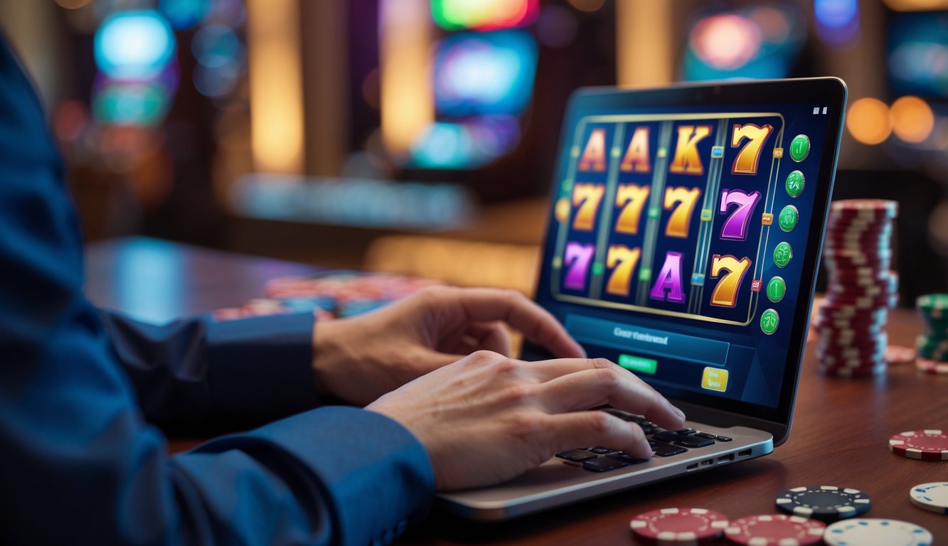 Seseorang menggunakan laptop atau ponsel dengan permainan slot online yang berwarna-warni di layar, di meja dengan chip poker dan kartu remi.